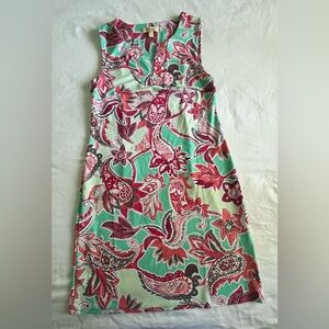 Aryeh split V neck shift dress Size S colorful paisley Nylon/Spandex